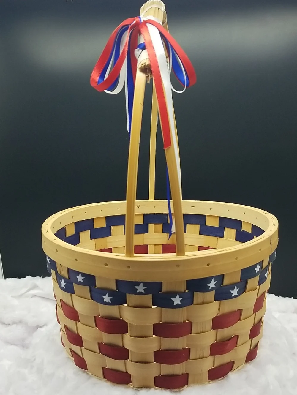 Vintage Handmade Round with Handle Red, White & Blue USA Flag Patriotic Basket